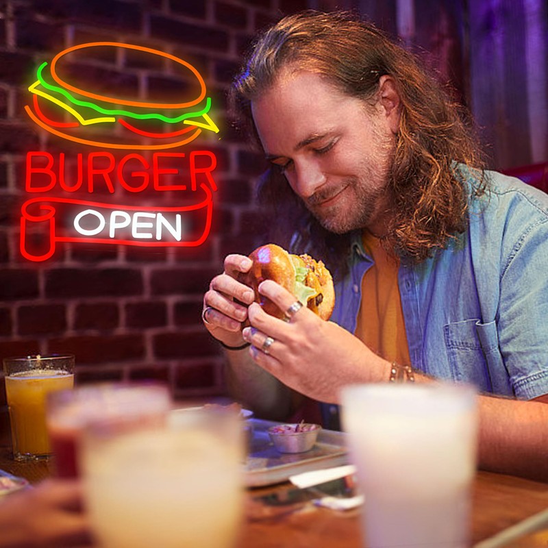 BNEMCEZH Burger Open Neon Sign Dimmable Delicious Hamburger LED Light
