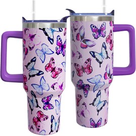 bchiijds 40 oz Butterfly Tumbler with Handle Butterfly Cups Butterfly Gifts for Women Adults Girls, Stainless Steel Butterfly Insulated Tumblers with Lids and Straws,Purple