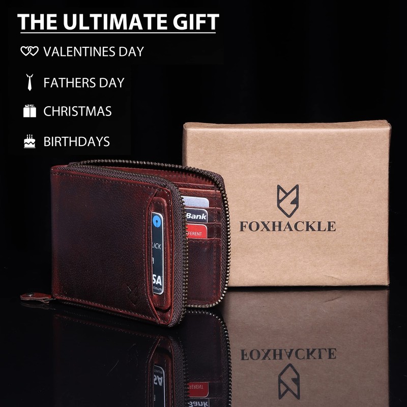 FOXHACKLE Men’s Zipper Leather Wallet with Detachable Card Case |