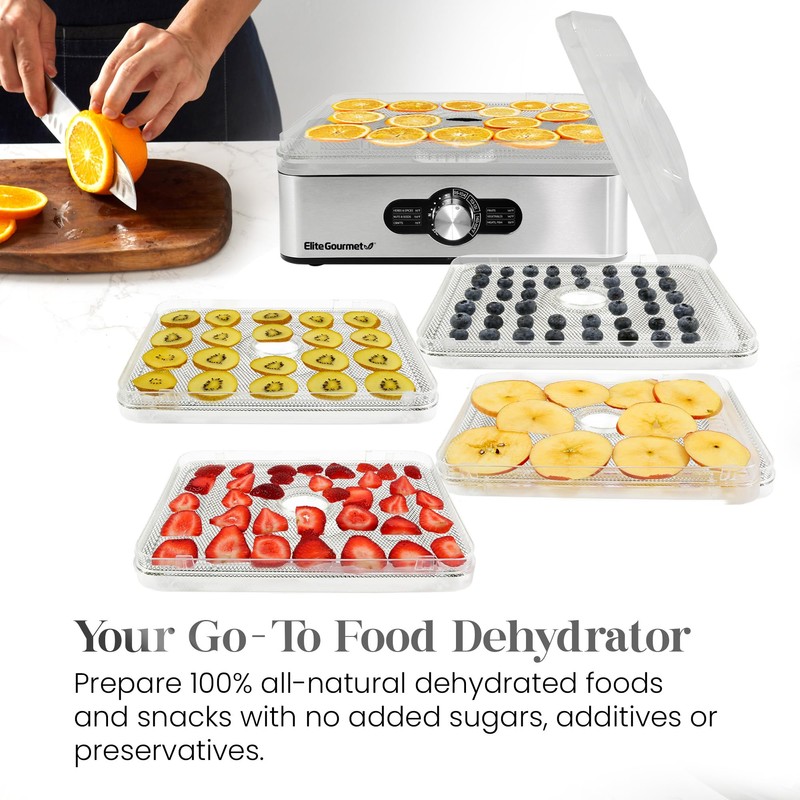Elite Gourmet EFD3321X Food Dehydrator, Stainless Steel Trays Adjustable Temperature