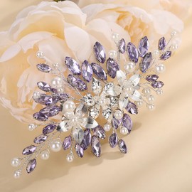 Teyglen Bridal Rhinestone Hair Clips Flower Wedding Hair Clips Purple Crystal Wedding Hair Barrettes Crystal Pearl Hair Piece Violet Rhinestone Headpiece Hair Accessory for Women (Light purple)