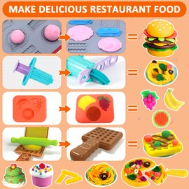 VIPNAJI Dough Set for Children, 45 Pieces Kneading Tool, Dough Plasticine Tools, Kneading Accessories, Breakfast Burger & Pasta & Pizza, Kitchen Toy with Storage Bag, Toy for Boys Girls