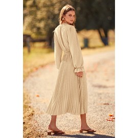 PRETTYGARDEN Women's Casual Long Sleeve Midi Dress Swiss Dot Ruffle Swing A Line Long Dresses (Apricot,Large)