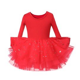 Tutu.kk Little Girls Ballet Tutu Dresses Long Sleeve Sequin Tulle Ballerina Outfits Dance Leotards Red 6-7Y