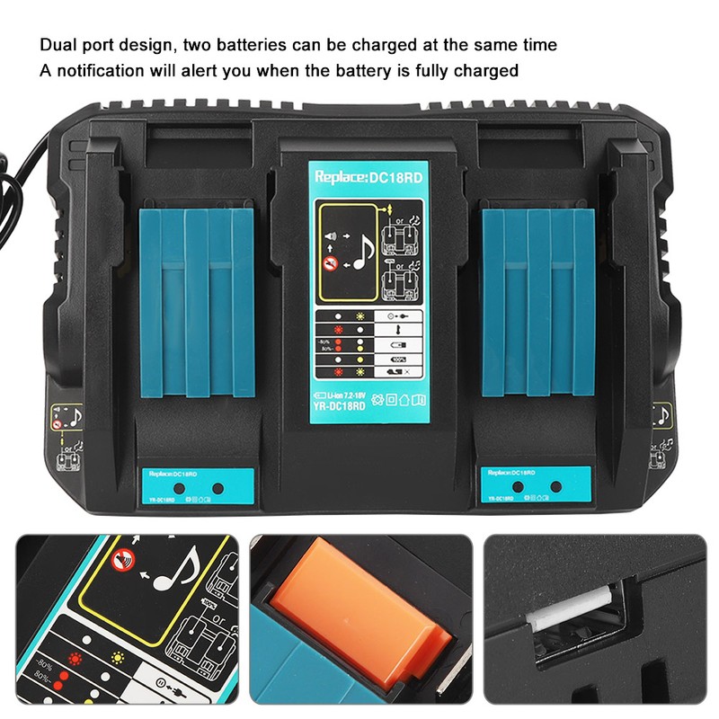 Double Battery Charger with USB Interface DC18RD Fit for Makita