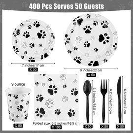 Kochorie 400 Pieces Black Paw Disposable Party Tableware Sets Dog Puppy Supplies Including Plates Cups Napkins Cutlery Serves 50 for Birthday Puppy Theme Party Decorations