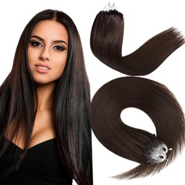 Kun na Micro Loop Hair Extensions Real Human Hair 24 inch Straight Pre-Blonded #2 Dark Brown Cold Fusion Micro Bead Extensions1g/strand 50g/pack