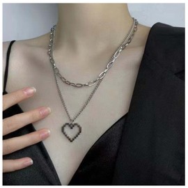 Allereya Multilayer Hollow Heart Pendant Necklace Silver Paper Clip Chain Necklace Open Heart Necklace Punk Multilayer Chain Necklace Jewellery for Women and Girls
