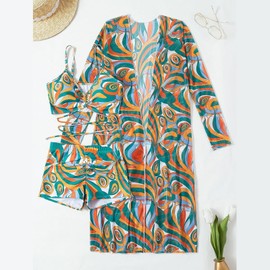 MMOOVV Bikinis mit hoher Taille 3-teiliger Bikini Set vertuschen Badeanzug für Frauen Langarm-Push-Up-Badebekleidung Beachwear Badeanzug (D, S)