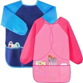 WAYAMY 2PCS Delantal Infantil Pintura Impermeable, Delantales de Arte para Niños con Mangas y 3 Bolsillos Apto Para Artes y Manualidades, Pintura, Cocina