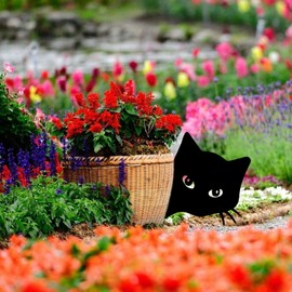 COAOD 2 Pcs Metal Black Cat Garden Decorations Outdoor, Metal Cat Garden Statues, Peeping Animal Metal Art for Garden Courtyard Yard Lawn Decor