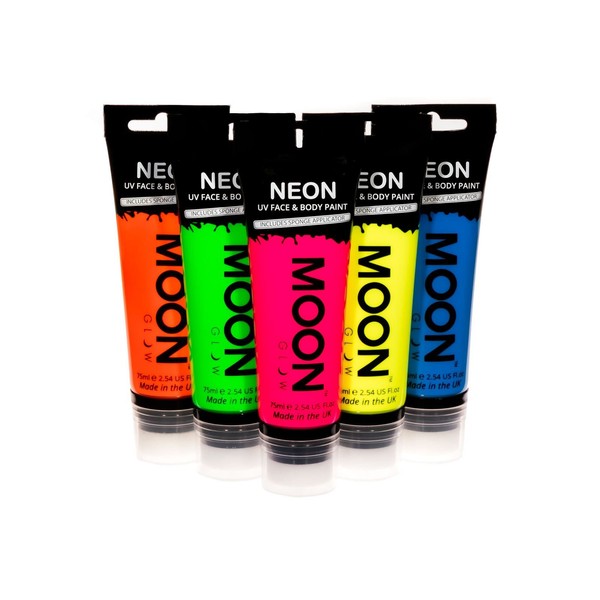 Moon Glow Supersize 75ml / 2.54oz Blacklight Neon UV Face & Body Paint - Set of 5 tubes - with sponge applicator