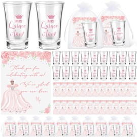 Havawish Quinceanera Party Favors for Guests Quinceanera Acrylic Clear Shot Glasses Thank You Cards with Organza Bags Mis Quince Anos Quinceanera Sweet 15 Birthday Party Favors (Pink,25 Sets)