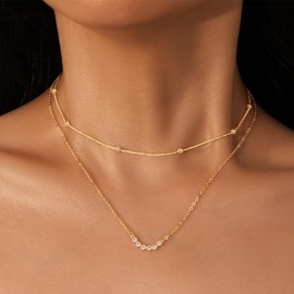 Poxtex Gold Necklace for Women Small Cubic Zirconia Necklace Dainty 14K Gold Layering Necklace Set Tiny Thin Beaded Choker Chain Necklaces for Women Trendy Waterproof Non Tarnish Gold Jewelry Gifts