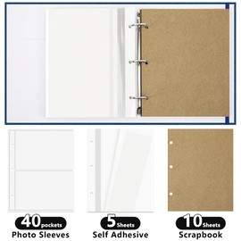Vienrose Photo Album 4X6 40 Pockets, Linen Scrapbook Memory Book, 3 Ring Binder Album with 20 Writing Pages, and 10 Self-Adhesive Pages, Travel Family Wedding (Navy Blue)