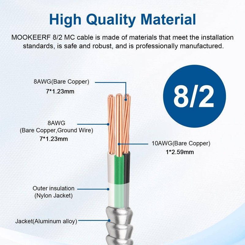8/2 MC Cable with Ground - 10FT Pure Copper 8AWG/2