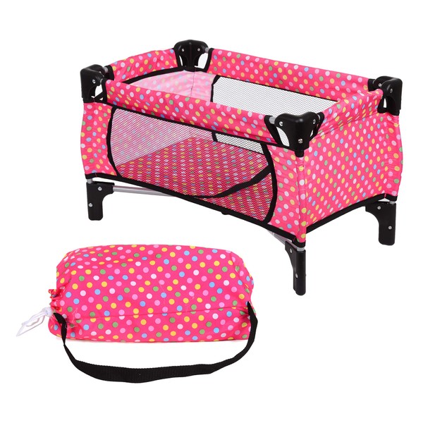 fash n kolor Doll Pack N Play Crib Polka Dot Design Fits up to 18" Dolls Blanket and Carry Bag Included