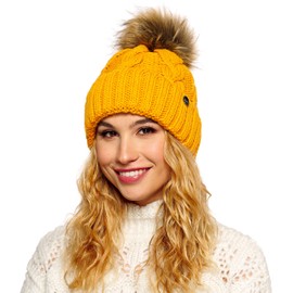 ELIMELI® Winter Hat Women's Hat with Fur Bobble Fleece Lining - Warm Women's Bobble Hat Knitted Hat - Winter Hat with Faux Fur Bobble - Slouch Knitted Beanie Made in EU, mustard yellow, Einheitsgröße