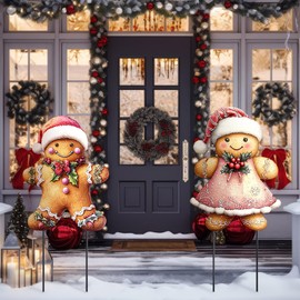 Chunful 2 Pack Christmas Metal Yard Stakes 3D Gingerbread Man Nutcracker Christmas Yard Sign Decorations for Xmas Winter Outdoor Home Lawn Garden Pathway Holiday Party Decorations(Holly Gingerbread)