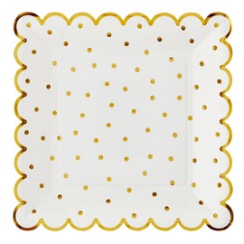 Santa Barbara Design Studio Disposable Plate 8-Count Pack Scallop Edged Square Paper Plates, 9-Inch, Gold Polka Dots