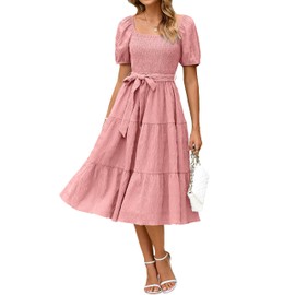 BerryGo Women's Summer 2025 Casual Smocked Midi Dress Square Neck Modest Puff Sleeve Flowy Beach Dress Pink XL