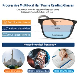 K.LAVER Premium Progressive Multifocal Reading Glasses Photochromic Lens TR90 Black Rectangle Seamless Transition Sunglasses