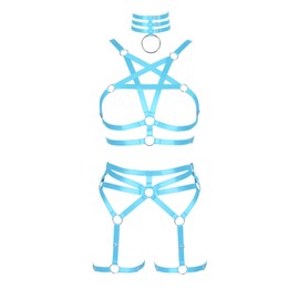 Conjunto de brasier pentagrama de arnés para mujer, punk, liga, pierna, cintura elástica, accesorios de carnaval gótico, Azul (Sky Blue), 1