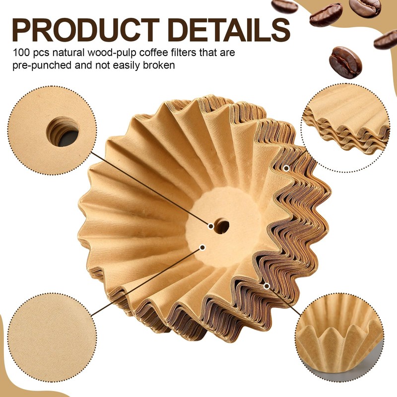 100 Pcs Coffee Filters Pre-punched for Percolator, Brown, 30 Cup