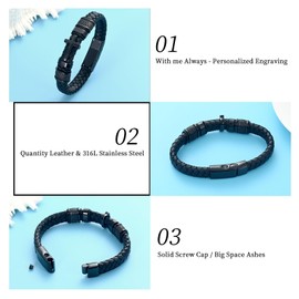 AIWENXI Cross Cremation Bracelet Jewellery Leather Bracelet Urn Bracelet for Ashes Stainless Steel Memorial Keepsake Pet Ash Holder Jewellery for Men Women, No gemstone