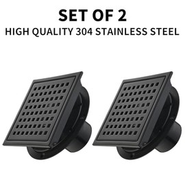 6 Inch Square Shower Drain Set of 2 with Removable, Square Grille, 304 Stainless Steel, Includes Shower Drain Base Hair Filter, Black, for Bathroom, Kitchen, Balcony 2 Pack