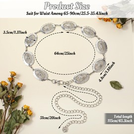 JIEYAO Western Concho Chain Belt, Adjustable Metal Waist Chain, Cowgirl Boho Belts for Women Country Concert Outfit for Dress(Silver)