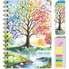 HARDCOVER Academic Year 2025-2026 Planner: (June 2025 Through July 2026) 5.5"x8" Daily Weekly Monthly Planner Yearly Agenda. Bookmark, Pocket Folder and Sticky Note Set (Tree Seasons)
