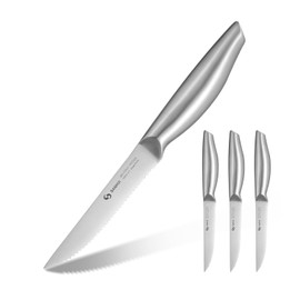 SANHUI Steak Knives, Steak Knife Set of 4, German Stainless Steel Steak Knife Serrated, Silver