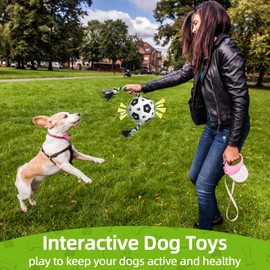 QDAN Dog Soccer Ball Toys: Dog Balls with Strap, Balls on Rope Plush Outdoor Birthday Toys for Small to Medium (for Medium Dogs, Black)