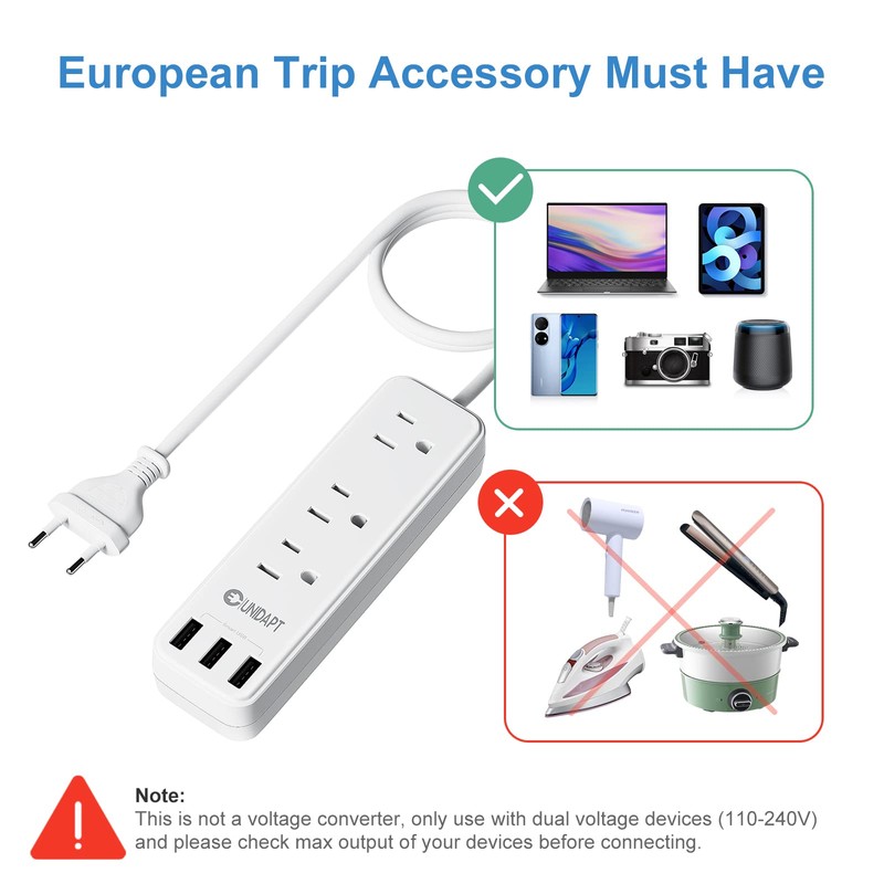 European Travel Plug Adapter, Unidapt International Power Strip, US to