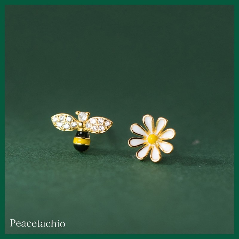 Silver 925 Earrings, Silver, Gold, 18K Coating, Honeybee, Flowers, Asymmetrical,