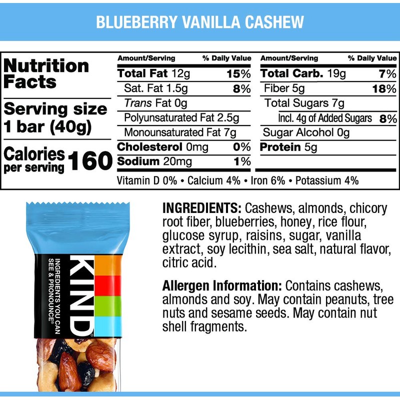 KIND Bars, Blueberry Vanilla & Cashew, Gluten Free, Low Sugar,