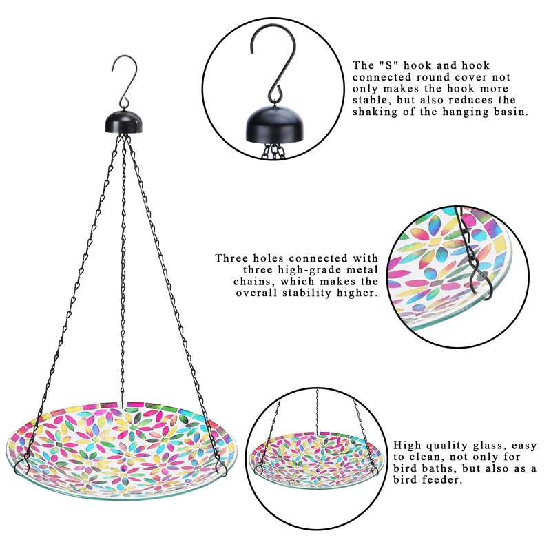 VCUTEKA Hanging Bird Bath, Glass Mosaic Bird Baths for Outdoors