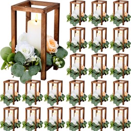 Soaoo 24 Pcs Wooden Candle Lantern Wedding Centerpiece for Table Rustic Wood Lantern Candle Holder Farmhouse Lantern for Wedding Party Baby Shower(Brown, 10.59 Inch High)