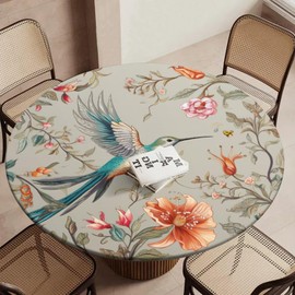 Yeylyn Classical Flower Hummingbird Round Fitted Tablecloth with Elastic Table Cover Waterproof Wipeable, Round Elastic Tablecloth 40"-44", Circle Table Cloth for Picnic, Dining, Outdoor