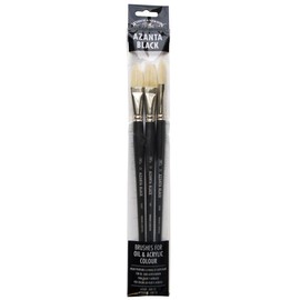 Winsor & Newton 5690660 Azanta Black natürlicher Schweineborstenpinsel für Ölfarben & Acrylfarben , gute Steifheit, ideal für körperreiche Farben, langer Stiel - 3 Pinsel im Pinselset