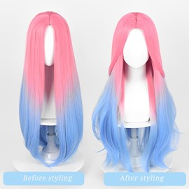 FILMIA 30 Inch Wig for Mizi Cosplay, Anime Pink Blue Ombre MIxed Straight Woman Wig Heat Resistant Synthetic Fiber for Halloween Party +Wig Cap
