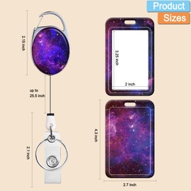 Badge Holder, Retractable Badge Reel with Carabiner Belt Clip and Key Ring, Name Tag Work Badge Clip Vertical ID Card Holder Cover Case for Name Card, Key Card (Purple Nebula)