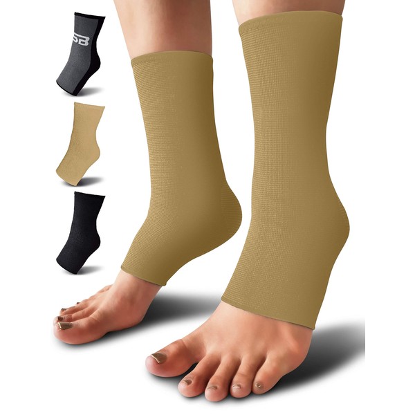SB SOX Tobillera de compresión (par) – Gran soporte de tobillo que se mantiene en su lugar – Para esguinces de tobillo y tendón de Aquiles – Manga de tobillo perfecta para deportes, cualquier uso (sólido – beige, pequeña)
