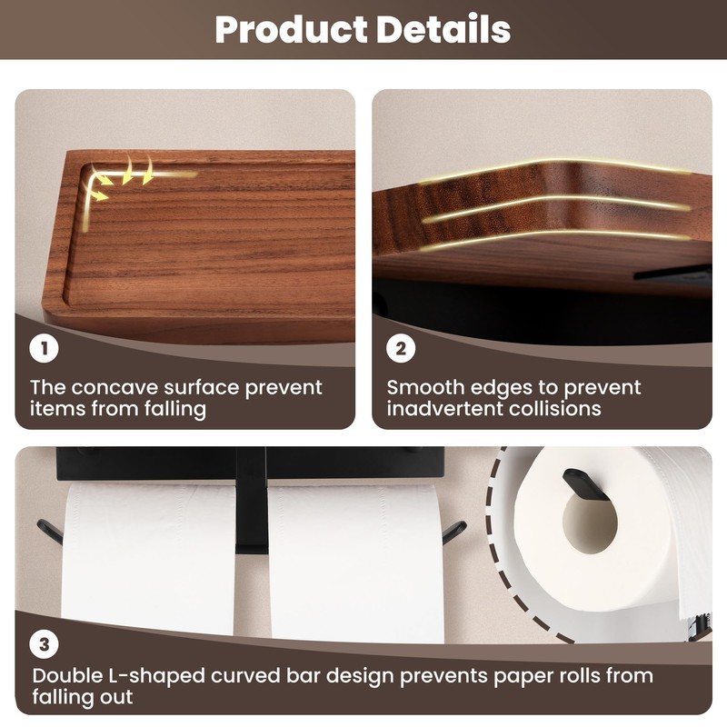 TOKCKYBL Double Toilet Paper Holder with Walnut Wood Shelf -