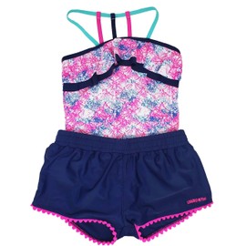 Limited Too Girls Printed UPF 50 Sun Protection Swimsuit with Matching Bottoms (Bright Pink/Blue, 7/8)