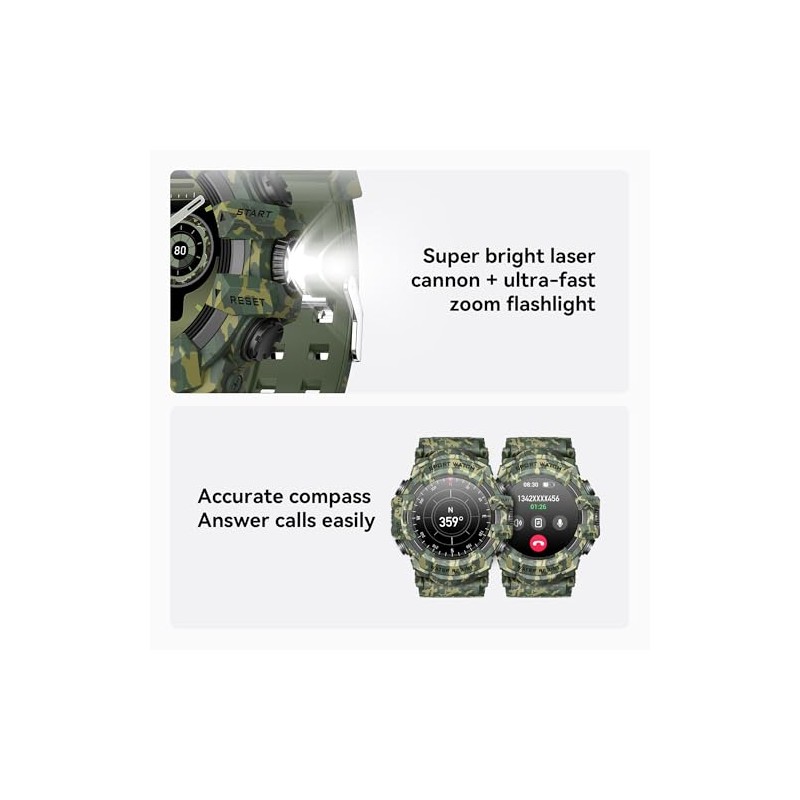 MIDDOW Military Smart Watch with Flashlight (Answer/Make Call) Compass, Heart