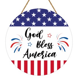 Patriotic Decorations 4th of July Wreaths for Front Door Red White and Blue Decorations Fireworks Wooden God Bless America Sign Door Decor for Fourth of July Memorial Day Porch Wall Indoor Home Decor