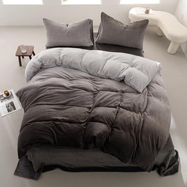 Pureant Black Gray Comforter Set Queen Size - White Grey Velvet Bedding With Gradient Fluffy Blankets - Dark Gray Ombre Flannel Quilt - Watercolor Art Plush Soft Bed