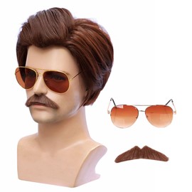 FantaLook Short Brown 70s Cosplay Wig with Sunglasses and Mustache for Mens Halloween Costume
